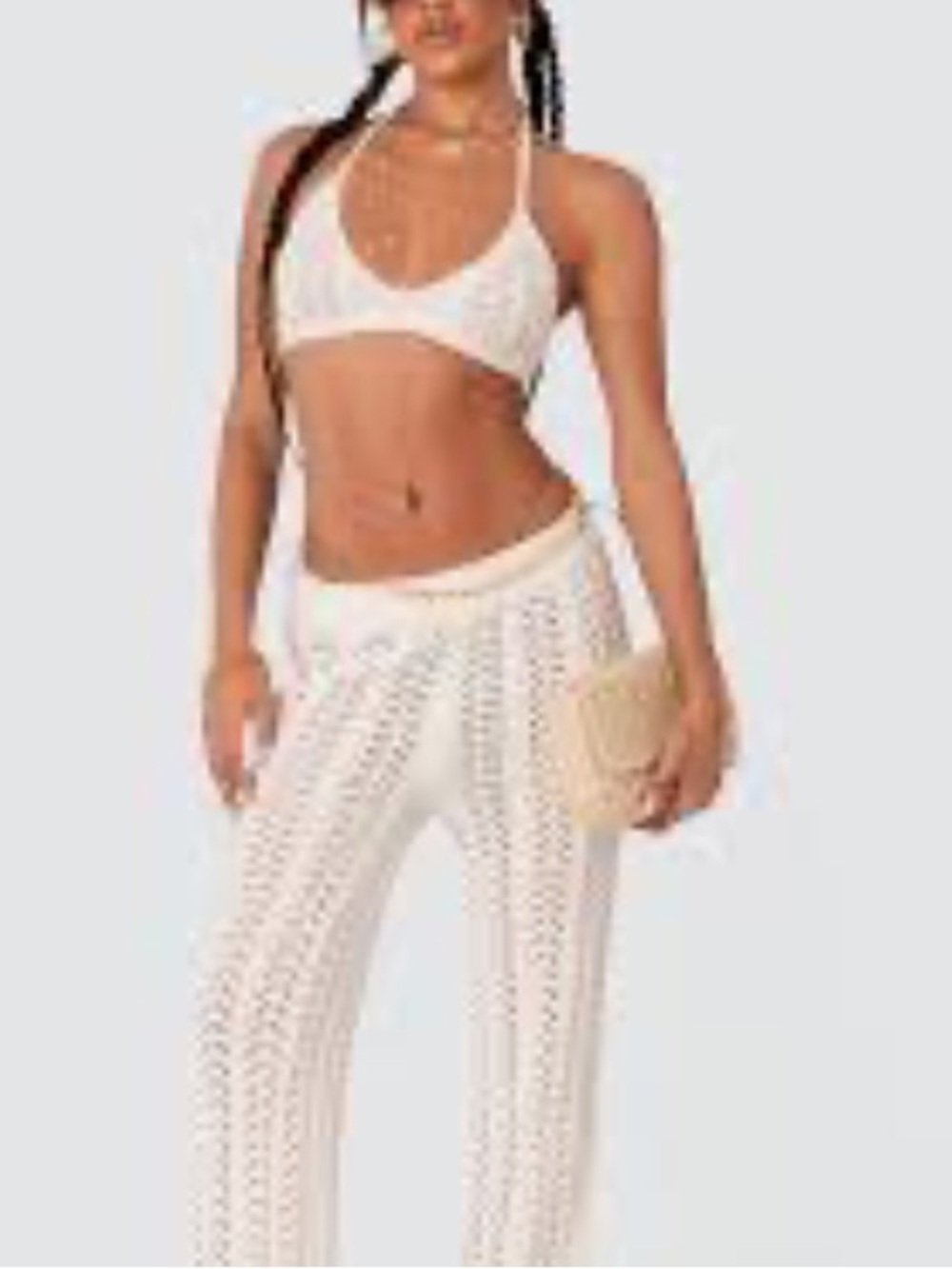 White Crochet Knit Flared Pants